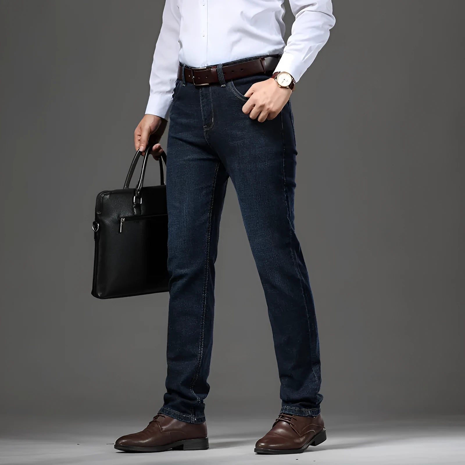 Men's black stretch denim jeans showing loose straight-leg fit with mid waist and zip fly detail
