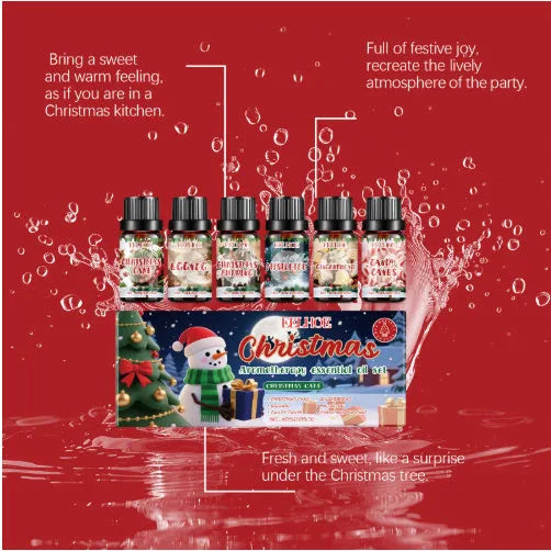 Christmas aromatherapy oil set showing six bottles of warm home scented oil