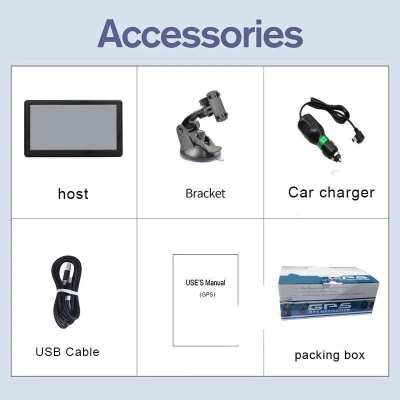 7-inch portable car GPS navigation device with mount and charger on a car dashboard
