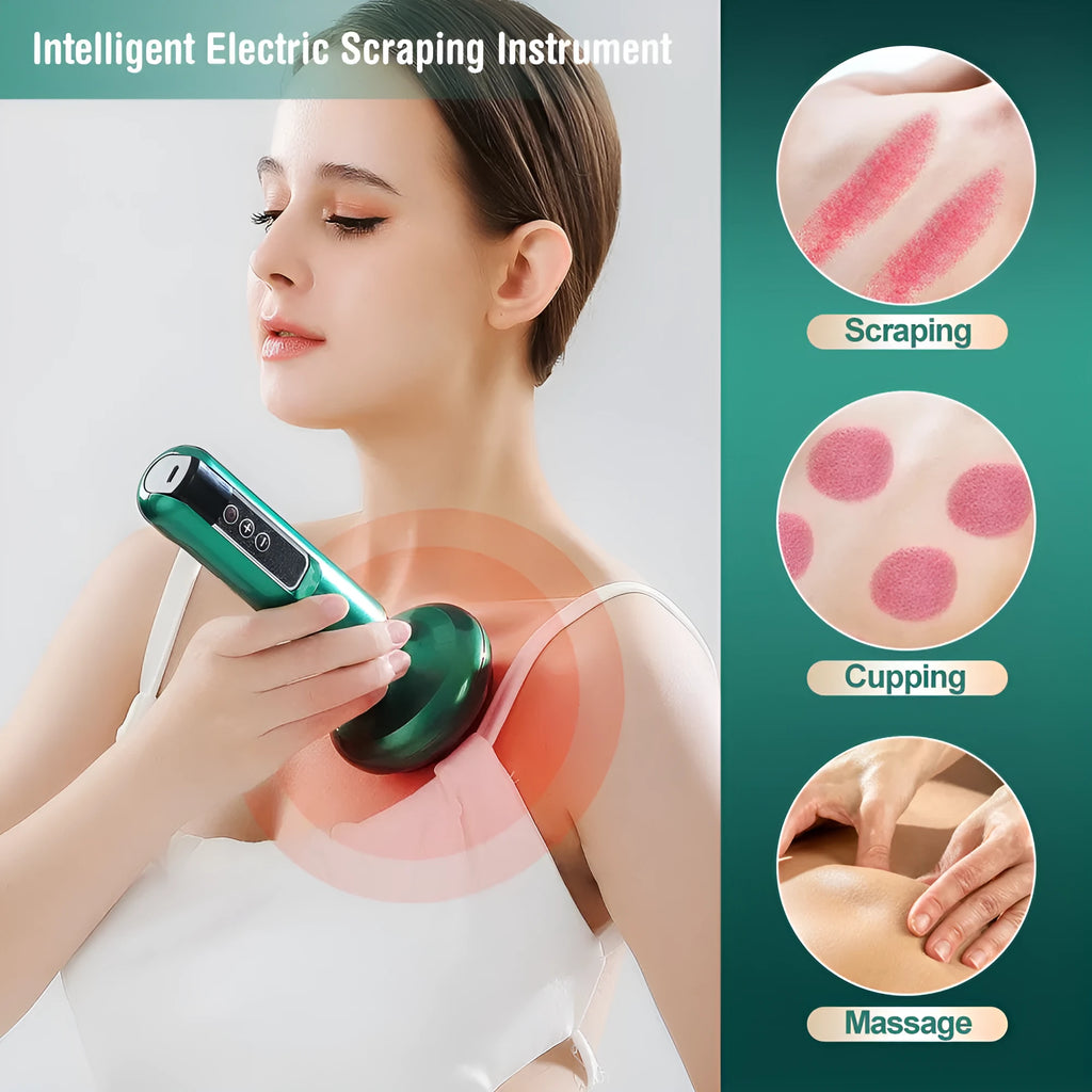 Green electric vacuum cupping massager device with USB charger on a white background.