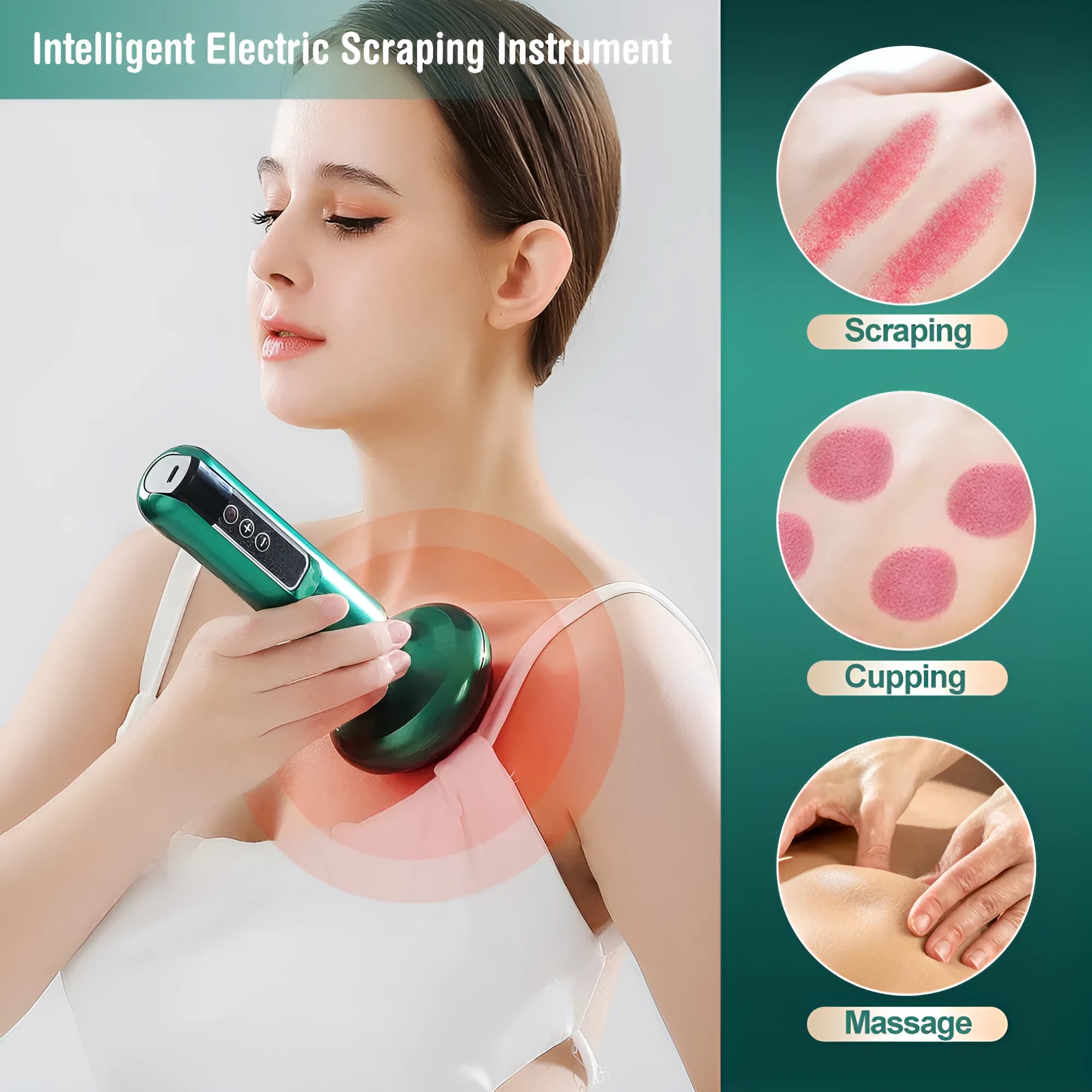 Green electric vacuum cupping massager device with USB charger on a white background.