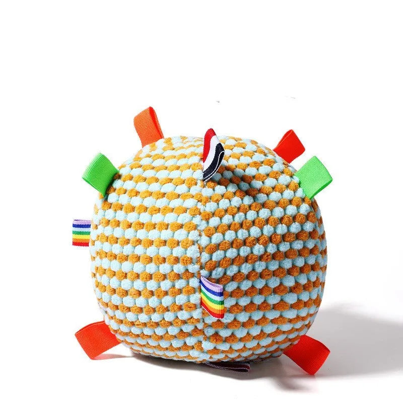 Blue pineapple lattice dog toy with rolling ring design and internal vocal ball measuring 17cm diameter
