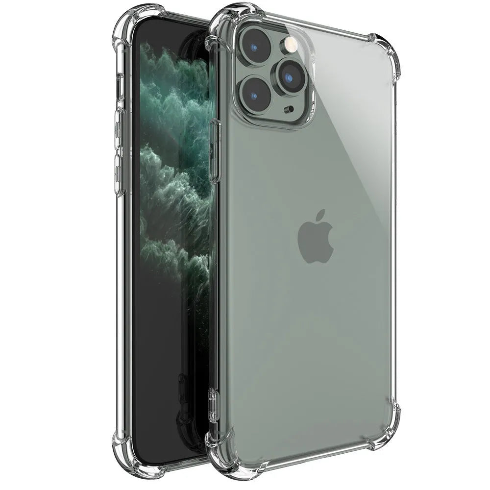 Transparent shockproof TPU case for multiple iPhone models on a smartphone