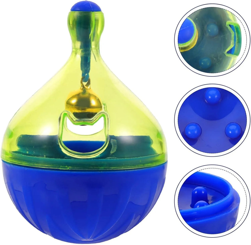Durable interactive tumbler treat dispenser toy for small dogs and cats.
