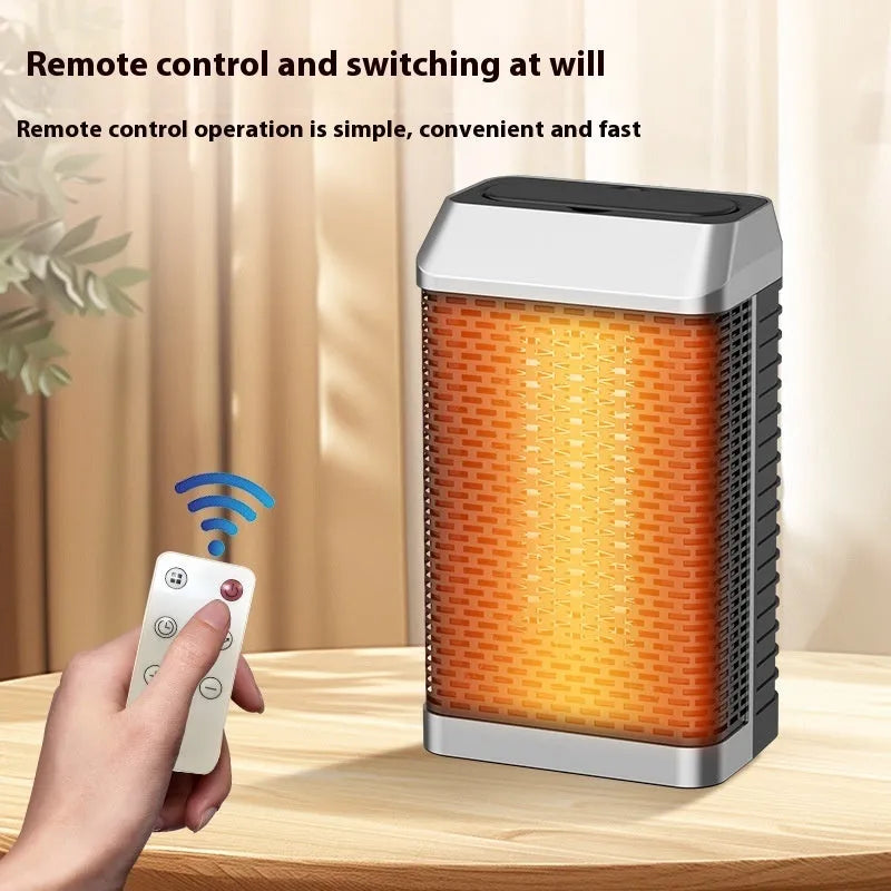 Black remote-controlled desktop heater with oscillating head on a wooden surface.