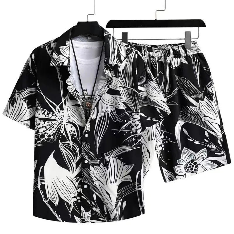 Man wearing a digitally printed short sleeve cardigan and matching shorts suit in colour Suit 52.