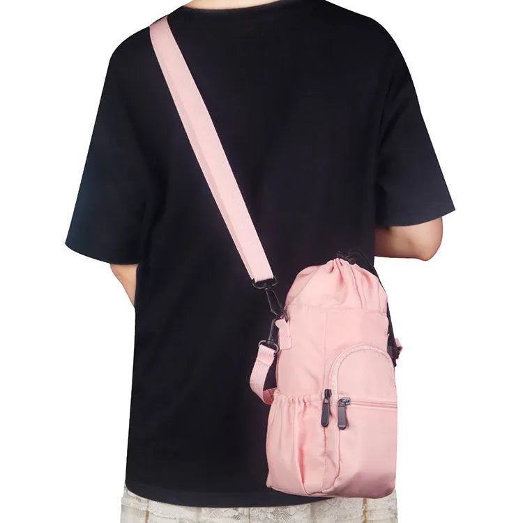 Cloth crossbody water bottle pouch in black, green, or pink colour options