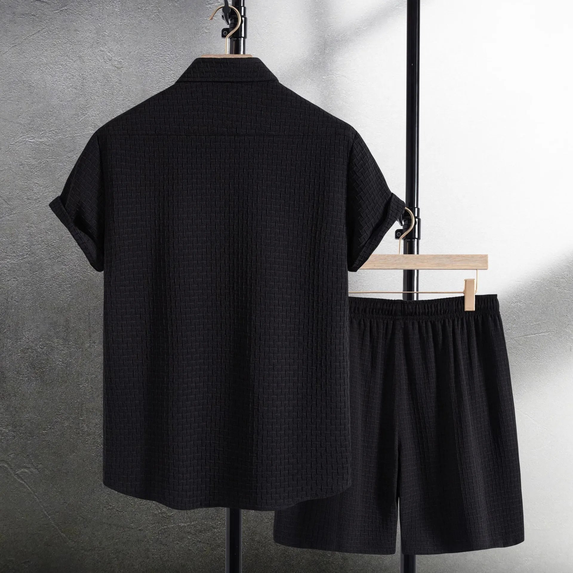 Men's loose fit cotton blend shirt and shorts suit in black or white for summer casual wear