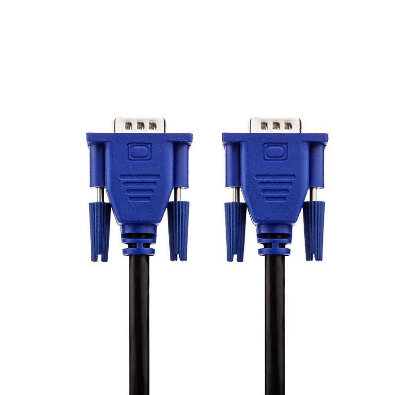 Black VGA cable with blue connector housings and nickel-plated terminals for computer monitor connections