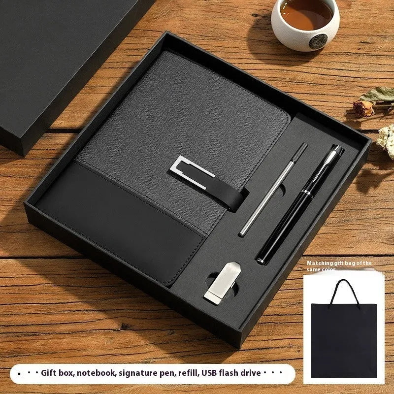 A5 business notebook with PU leather cover in brown, black, green, blue, or red, alongside a luxury gift box.
