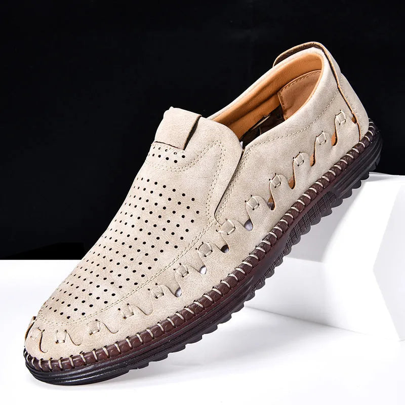 Men's brown slip-on casual shoes with round toe and visible sewing construction on artificial PU upper