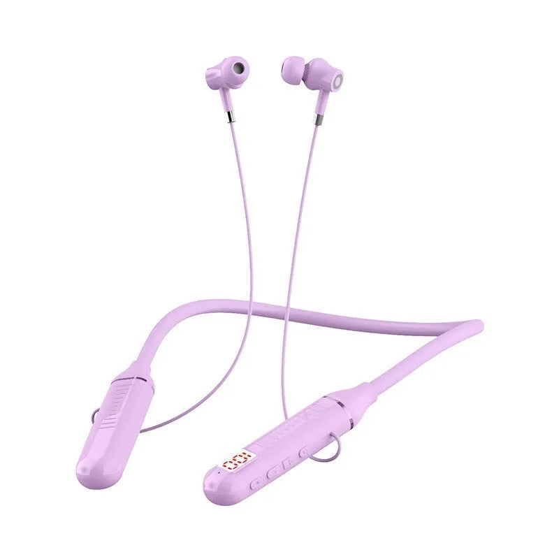 Wireless Bluetooth sports headset with neckband design and power display card in four colour options.