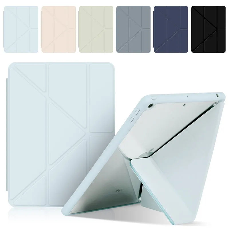 iPad leather case with Y-fold stand in dark grey showing shockproof protection and anti-fingerprint finish
