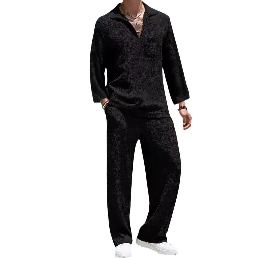Men's casual polyester commuter suit with shirt-style jacket and trousers in four colour options
