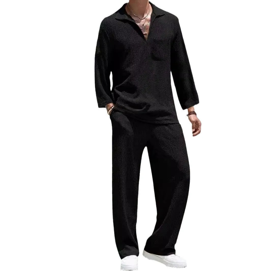 Men's casual polyester commuter suit with shirt-style jacket and trousers in four colour options