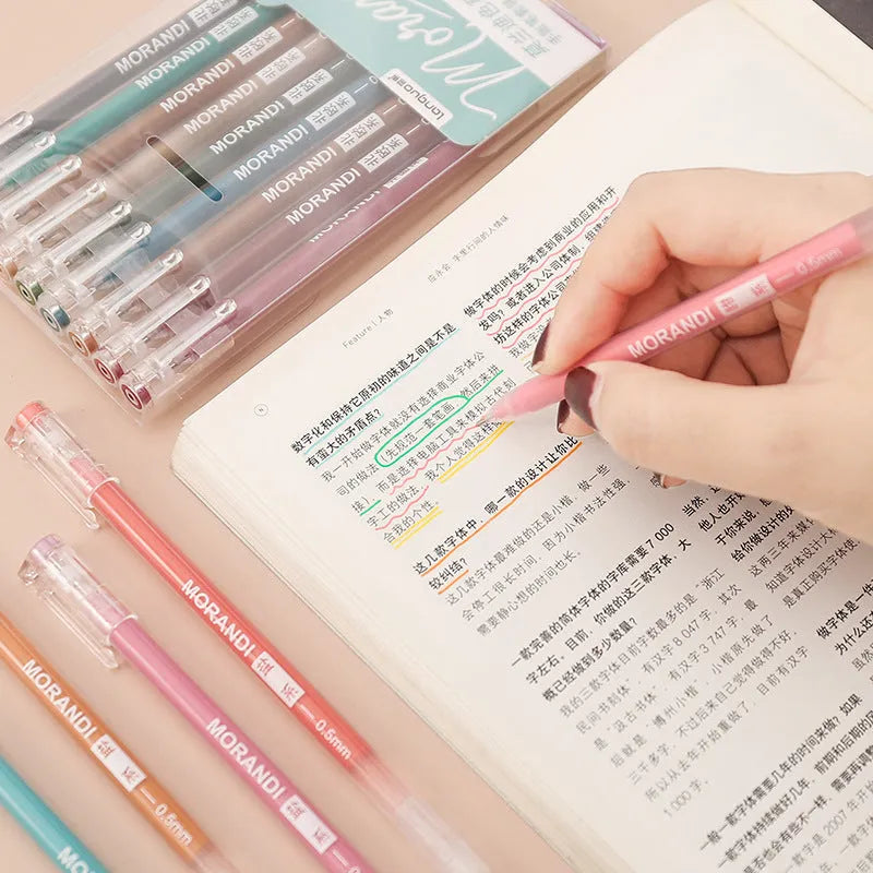 Set of nine retro-style gel pens with 0.5mm needle tips in assorted colours for note-taking.