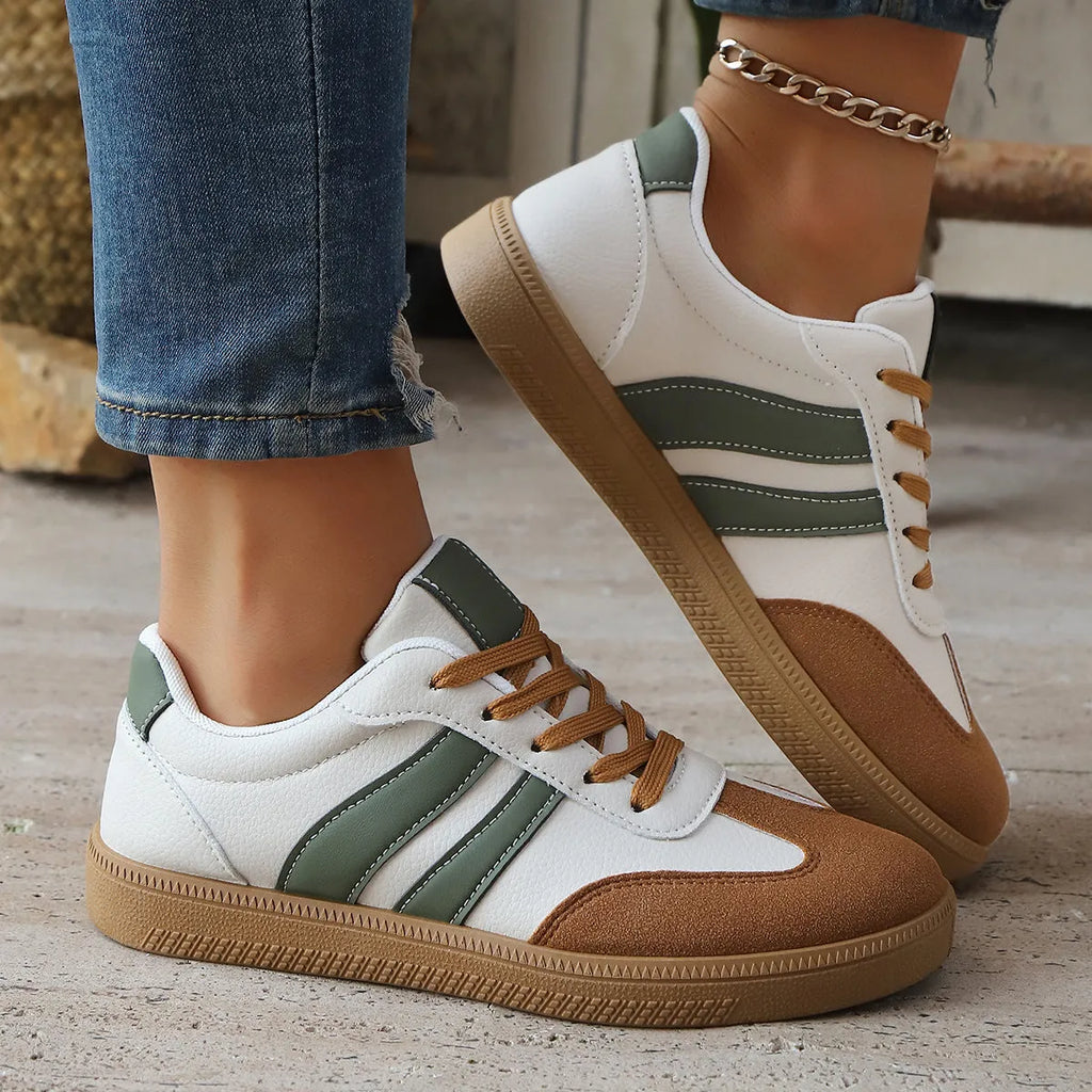 Women's casual all-matching sneakers in khaki with round head flat heel artificial PU upper