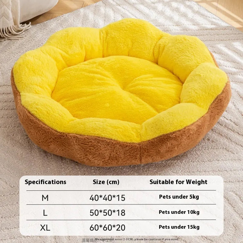 A round, thick rabbit plush cat bed in a flower nest pattern, shown in a choice of four colours and three sizes.