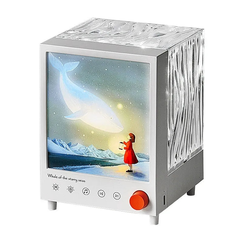 Aurora Treasure Box projection lamp projecting Star Sea Whale light pattern with Bluetooth speaker functionality