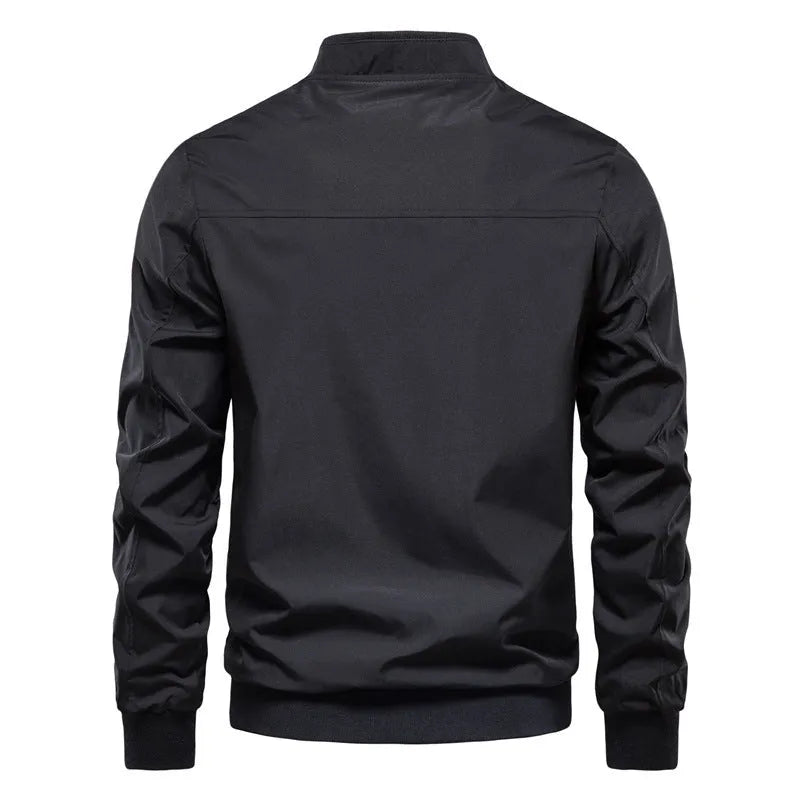 Men's thin casual jacket in solid dark blue, black, or army green colour with lightweight polyester construction