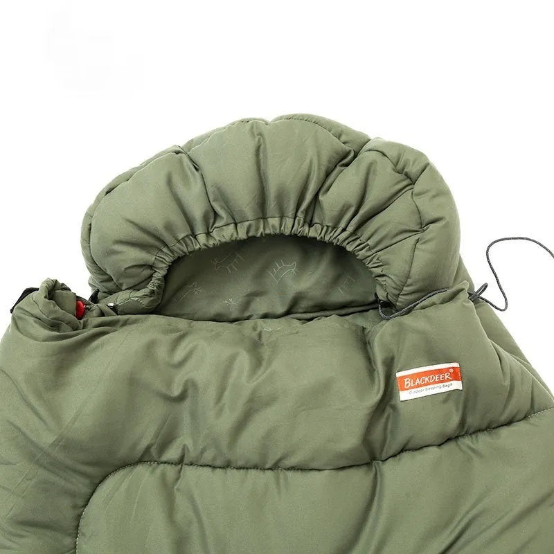 Cotton camping sleeping bag in ochre and olive green colours for outdoor bedding