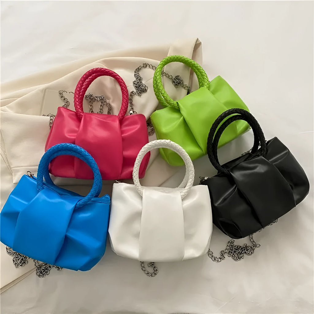 Portable cloud underarm pleated tote chain crossbody bag in small horizontal square PU leather design