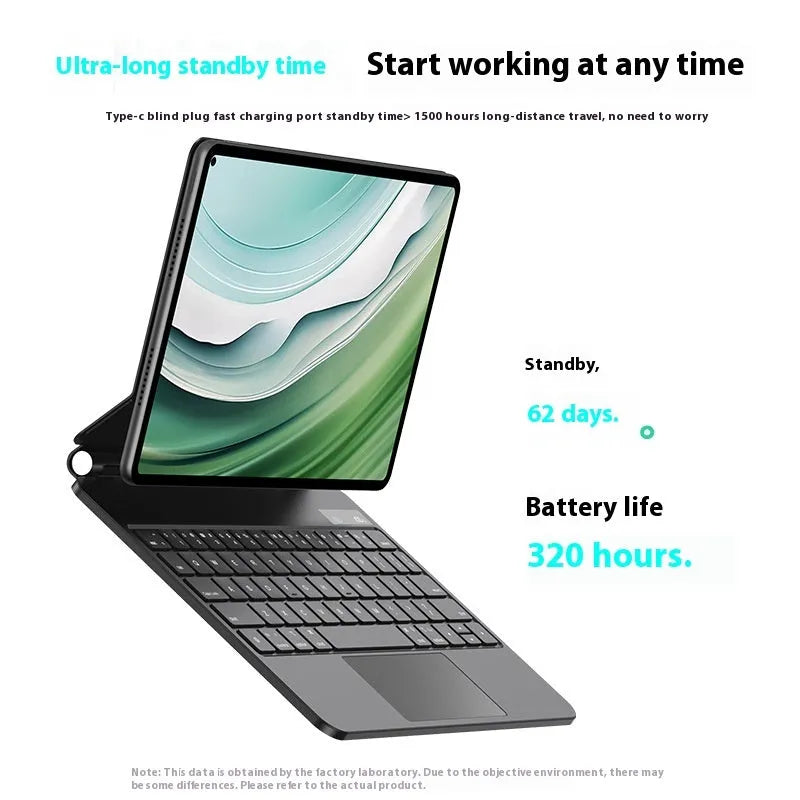 Black wireless keyboard cover attached to Huawei MatePad tablet showing magnetic connection