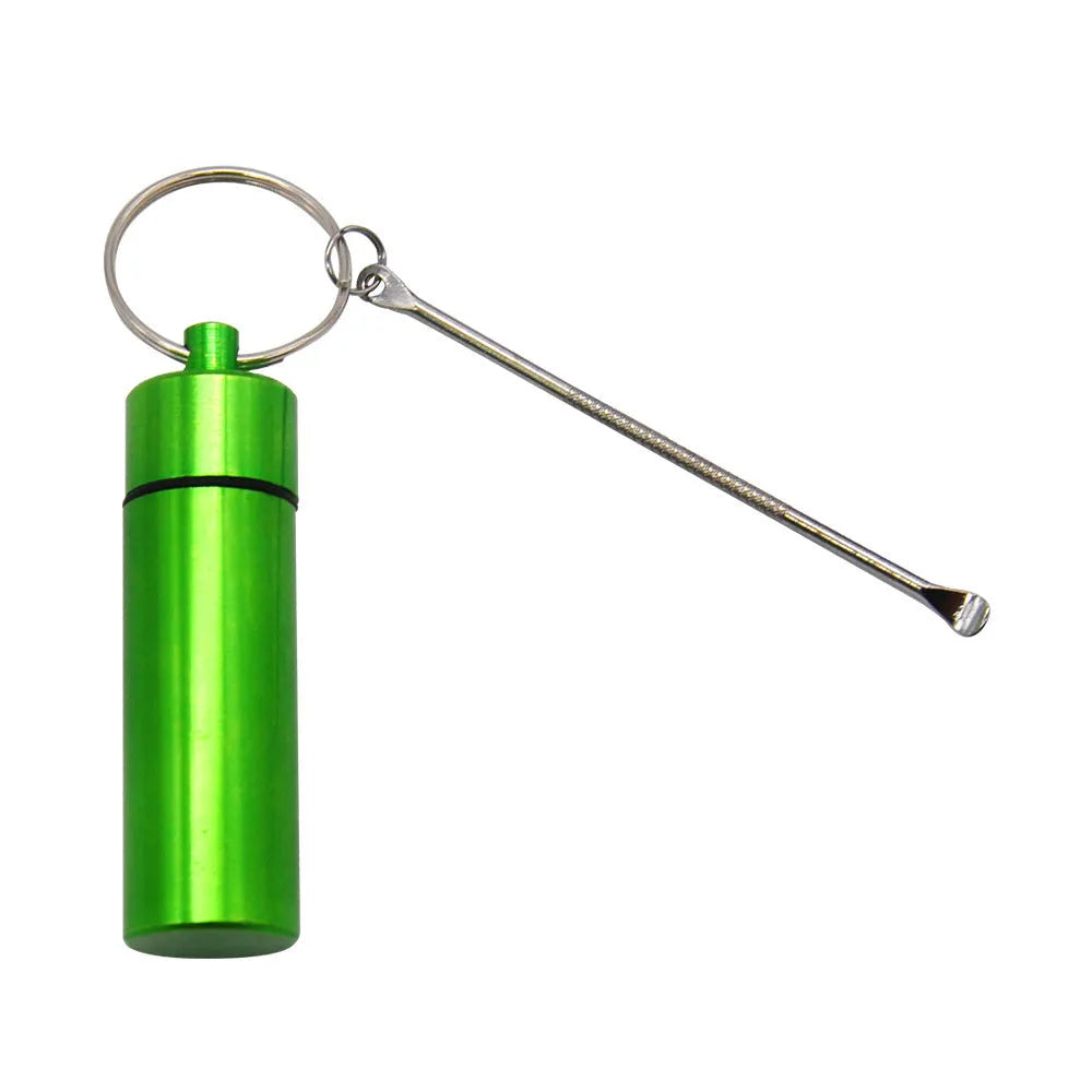 Aluminium portable medicine bottle with spoon and keychain in blue, green, red, gold, and black