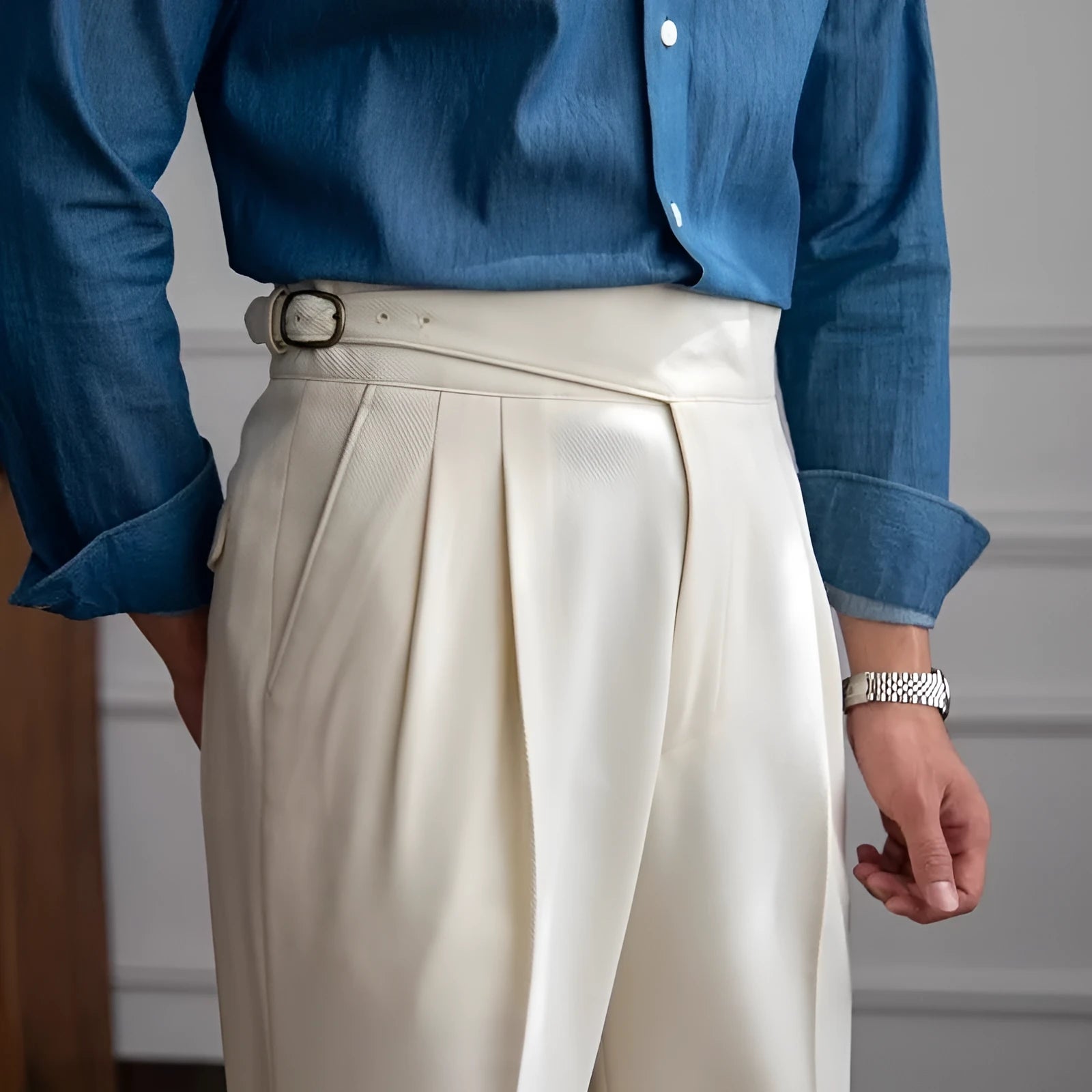 Men's black high waist straight-leg casual trousers on hanger showing waistband and leg cut