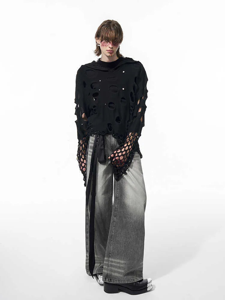 Men's black hollow knit hoodie with pearl decoration on front, loose fit pullover with hood