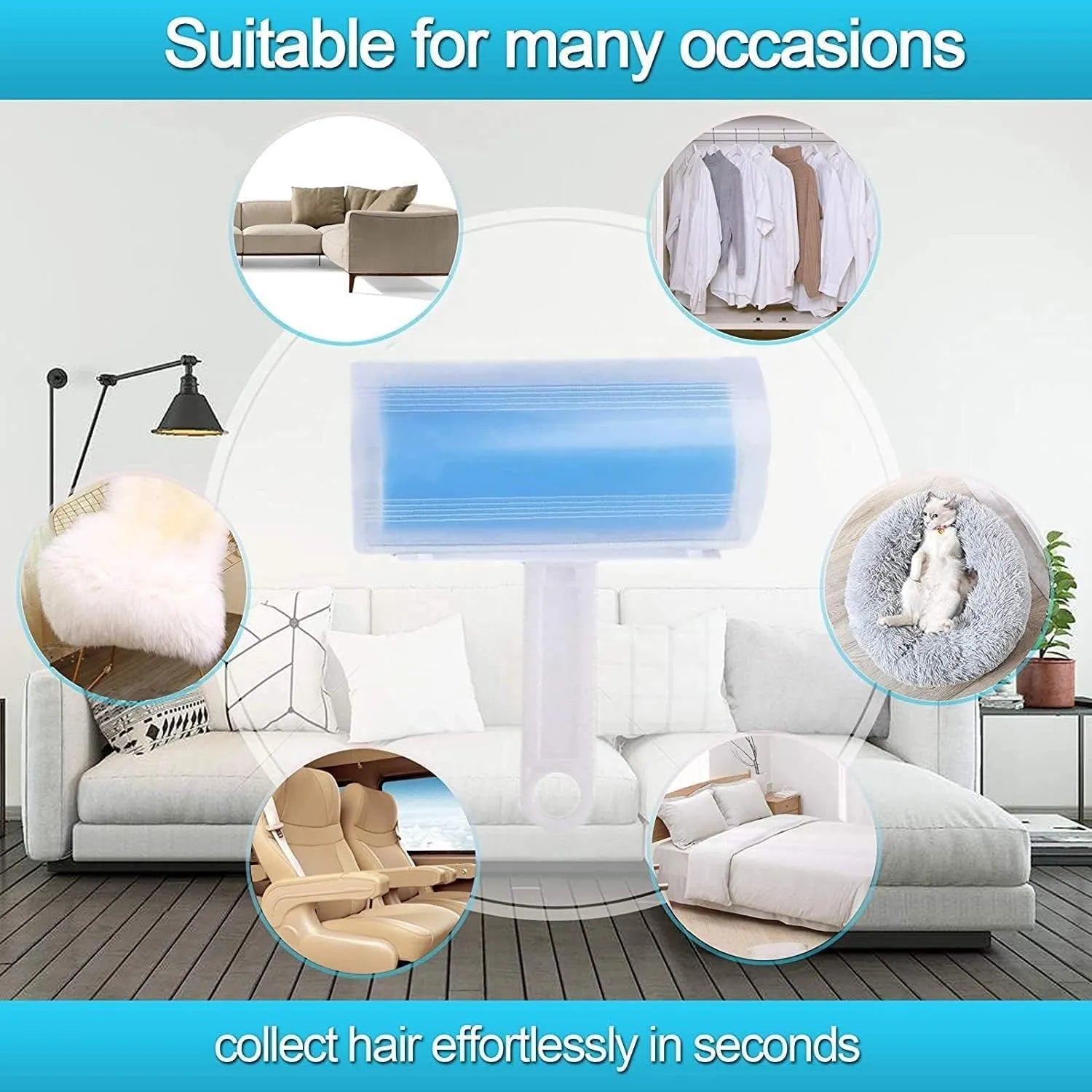 Blue washable reusable lint roller with cover for removing pet hair from clothes