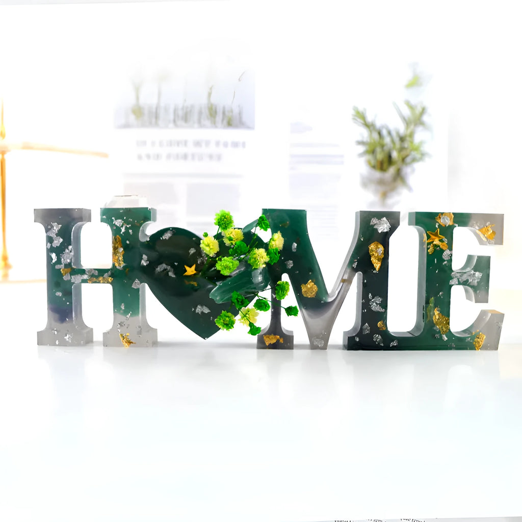 Six silicone epoxy moulds with English letter designs including love, home, family, Live, hello, and Blessed