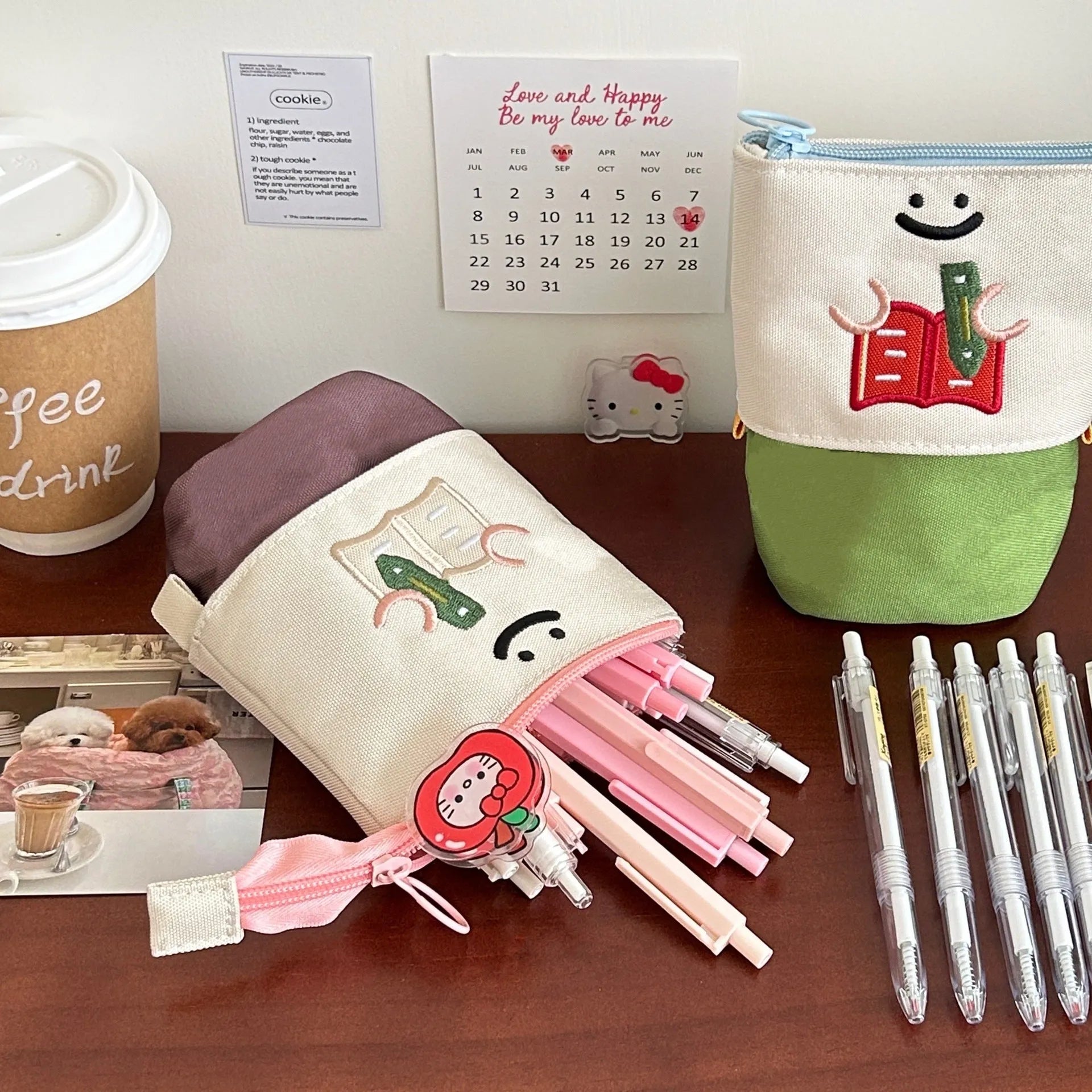 Brown collapsible Korean style cartoon print pencil case made from Oxford fabric.