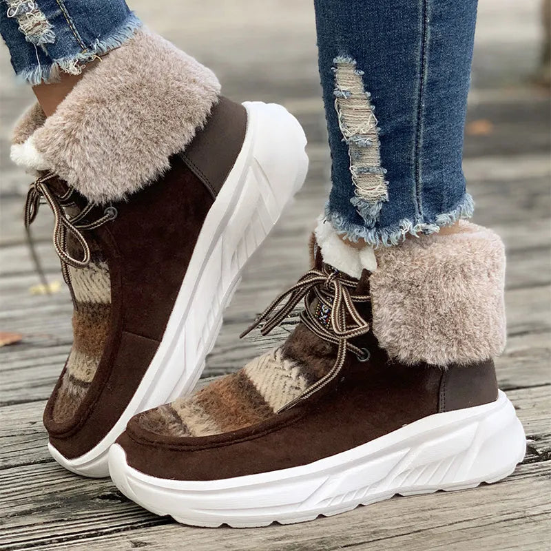 Beige women's lace-up suede snow boots with plush lining and thick rubber sole