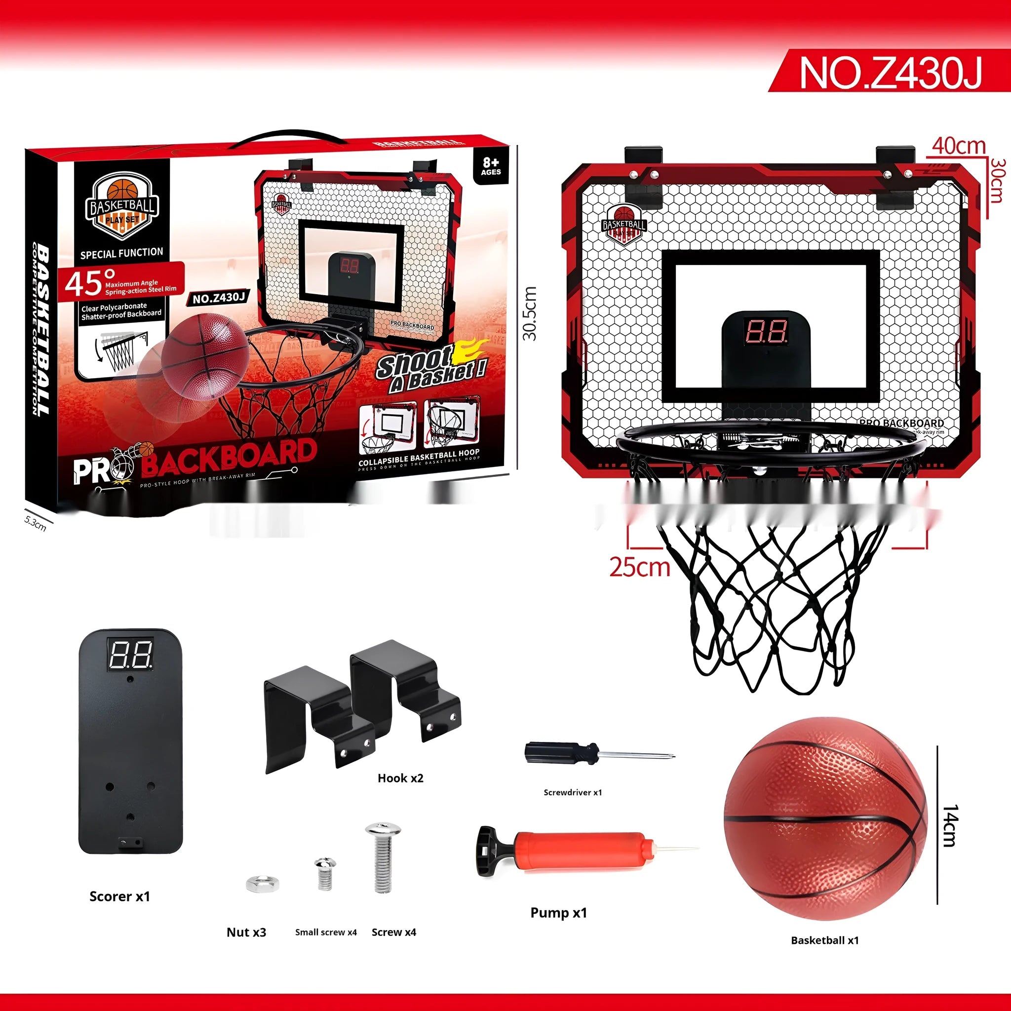 Red and blue folding indoor basketball frame with suction cups mounted on a door, showing dunking action.