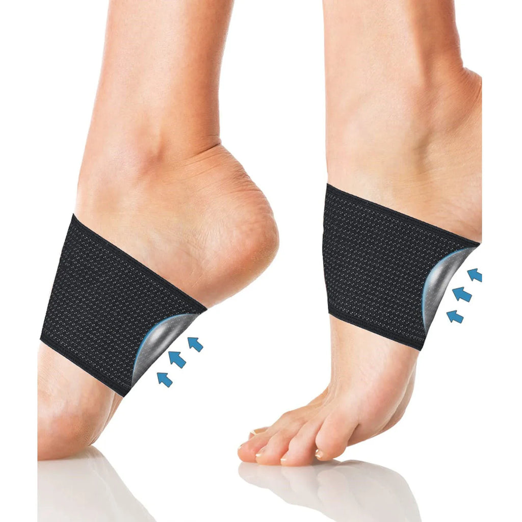 A pair of white elastic PU arch support bandages for flat feet, shown in ordinary and full heart styles.