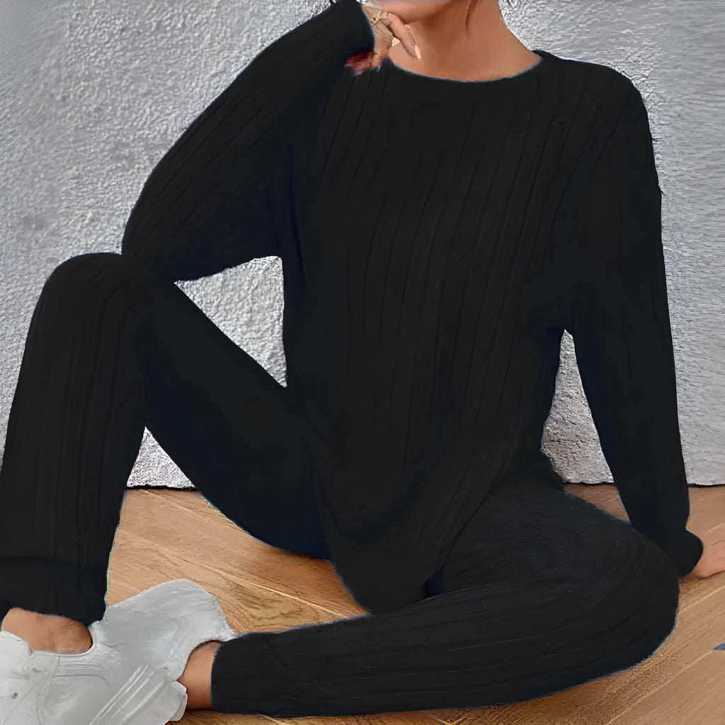 Black sunken stripe two-piece home exercise set with regular-sleeve top and matching pants