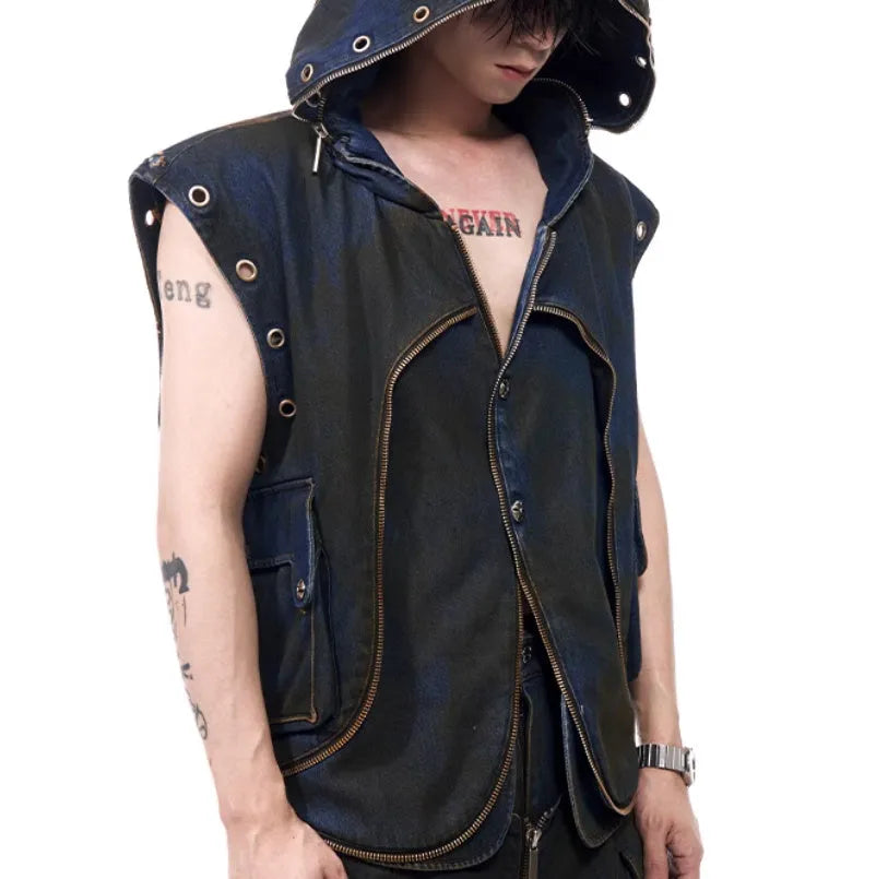 Blue denim vest coat with hood and matching trousers Korean style set