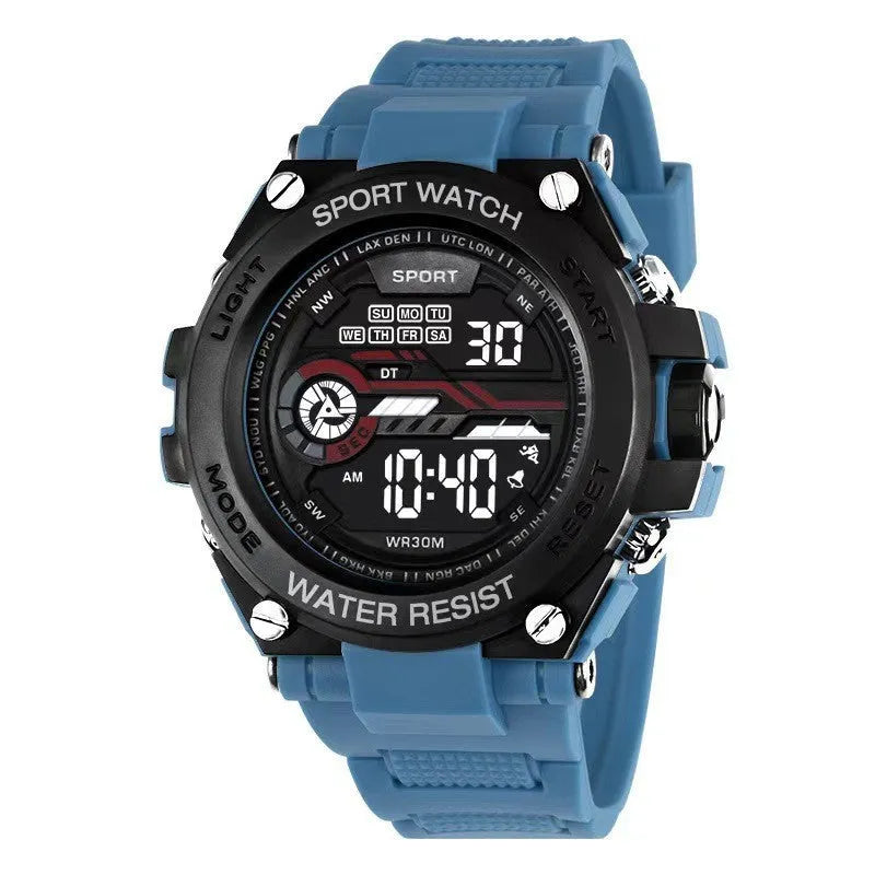 Digital electronic wristwatch with rectangular LCD screen showing time and date, available in multiple colours