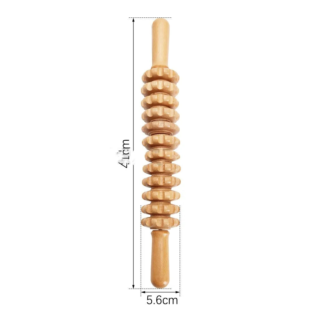 Beech wood massage roller set showing T-shaped roller and multiple wheel attachments for different pressure applications