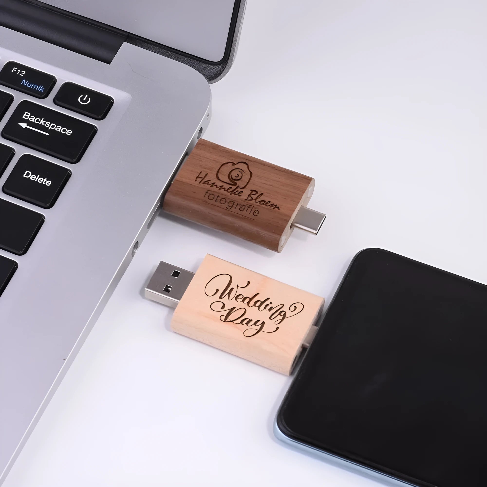 Maple box carved wooden USB flash drive showing both TYPE-C and standard USB connectors