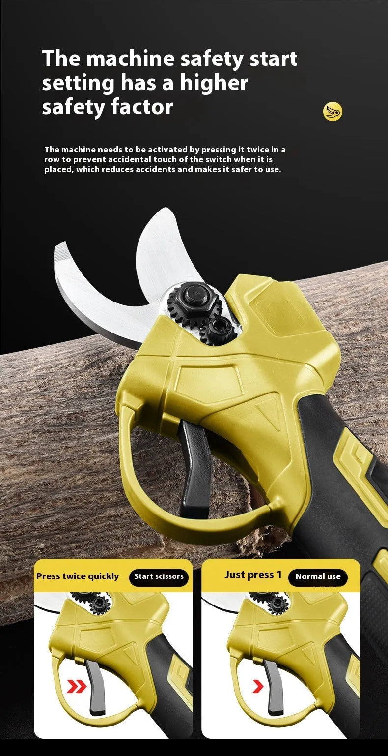 Wireless electric pruning knife with plastic case containing two batteries and charger for garden branch trimming