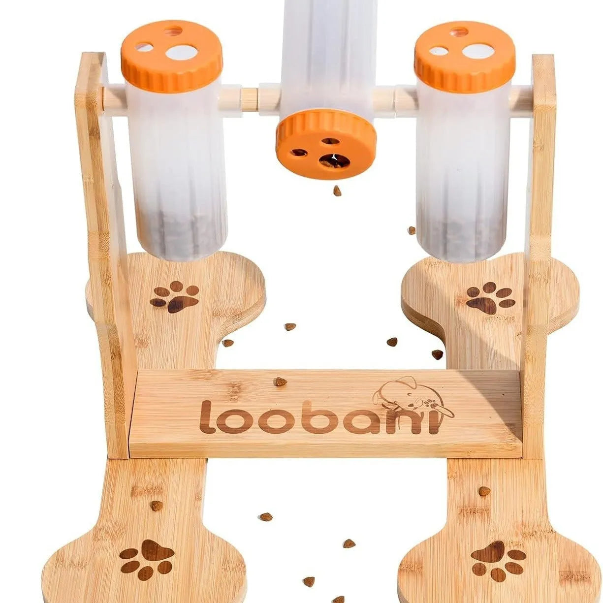 Natural wood colour dog puzzle feeder toy measuring 31cm long by 30cm wide by 20cm high