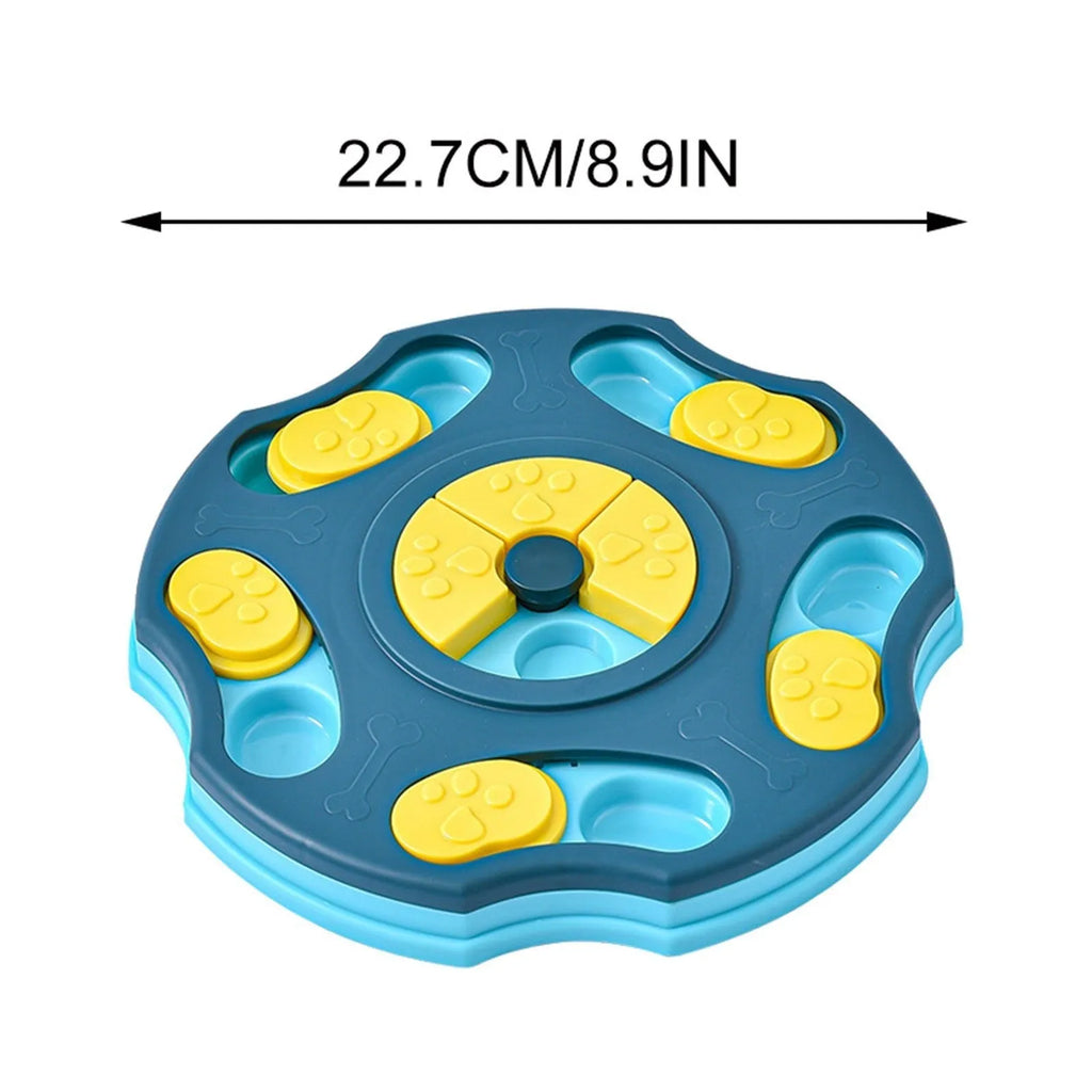 Blue dog puzzle feeder toy for aggressive chewers with interactive food-dispensing mechanism