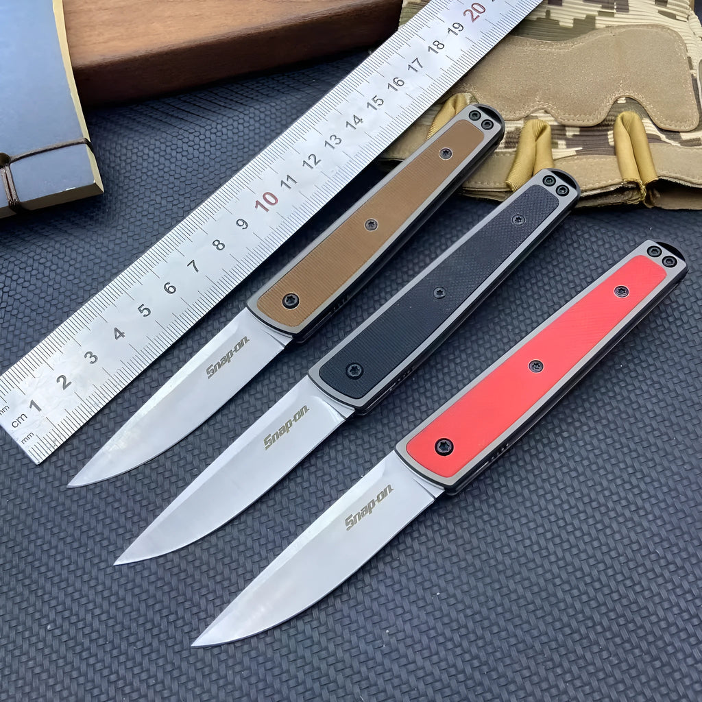 Folding fruit knife with stainless steel blade in black, coffee or red colour options showing extended and folded positions
