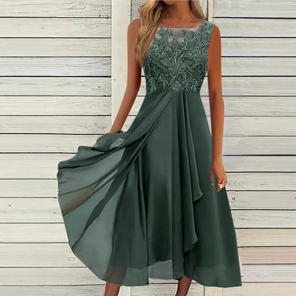 Women's sleeveless chiffon dress with lace stitching in green, purple or blue