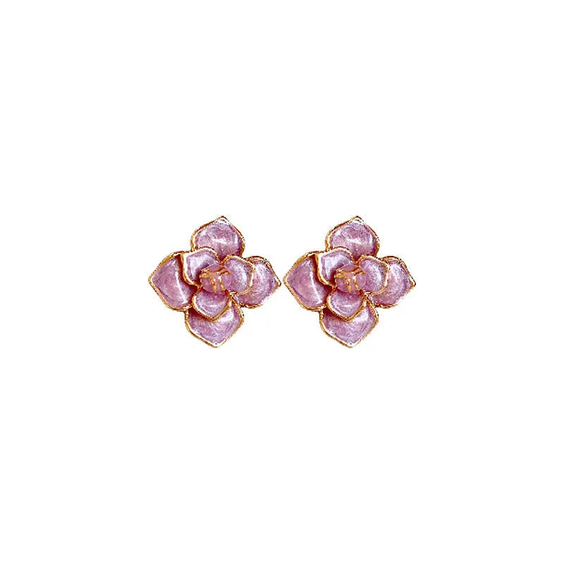 Purple and gold flower stud earrings with oil-spot glaze finish on copper bases