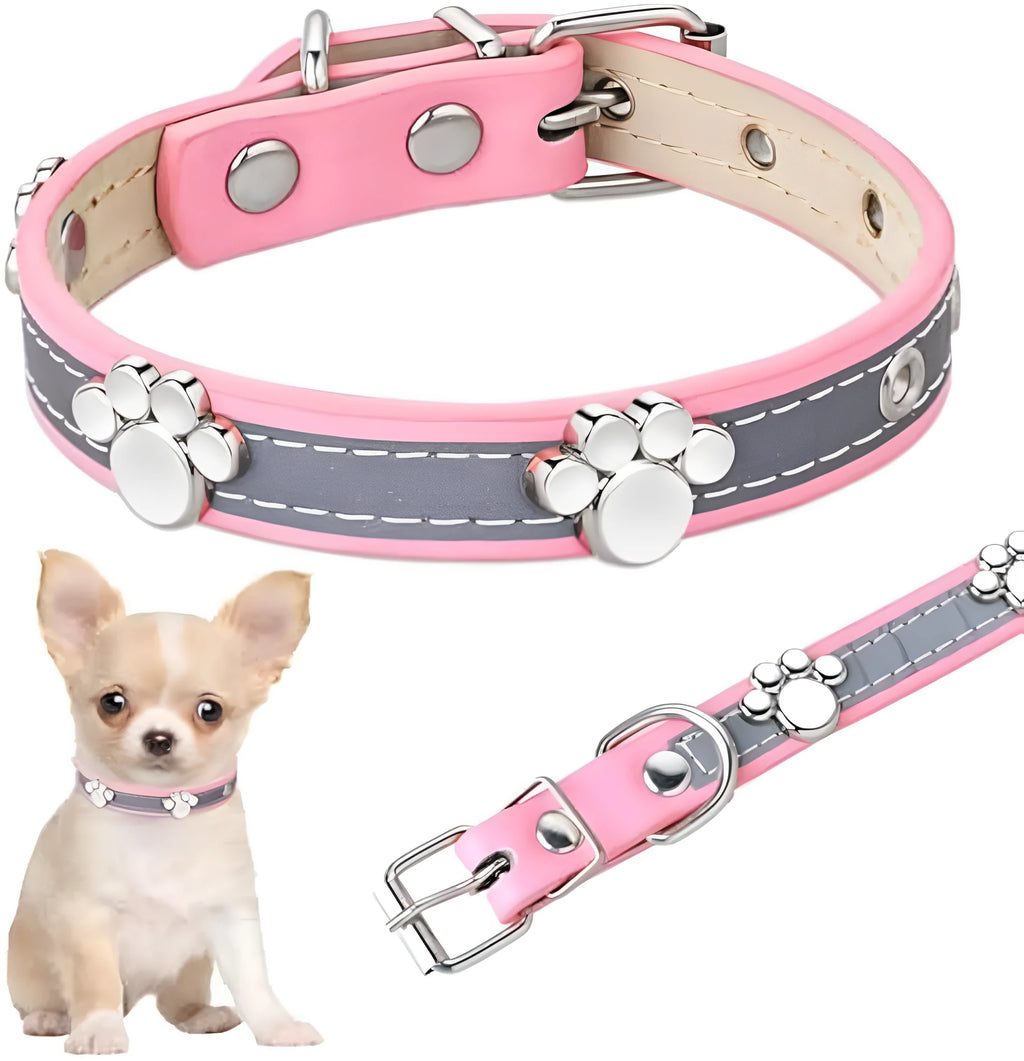 Reflective PU leather dog collar with metal buckle and decorative paw rivet, shown on a size chart.
