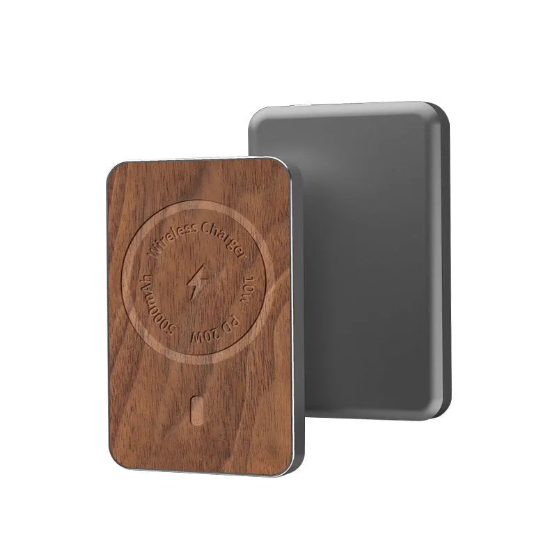 Khaki-coloured magnetic wireless charging bank with 5000mAh capacity and compact design