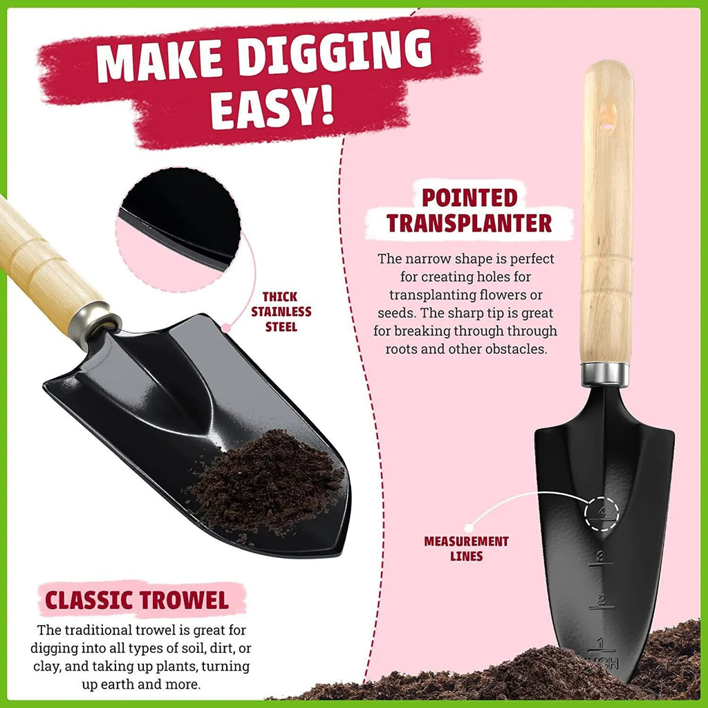 Eight-piece stainless steel gardening tool set including trowel, weeder, and cultivator